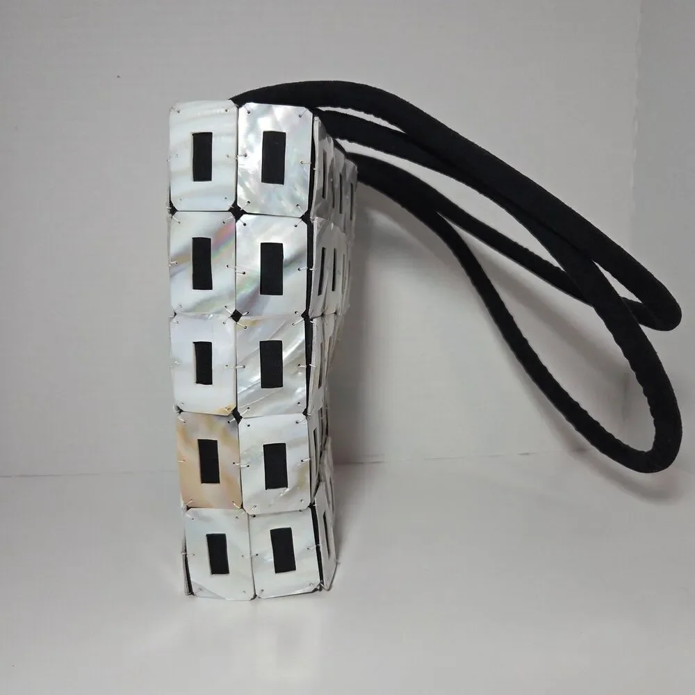 Vtg Mother of Pearl Shell Tile Mosaic Handbag Black White Purse Boho Mermaidcore